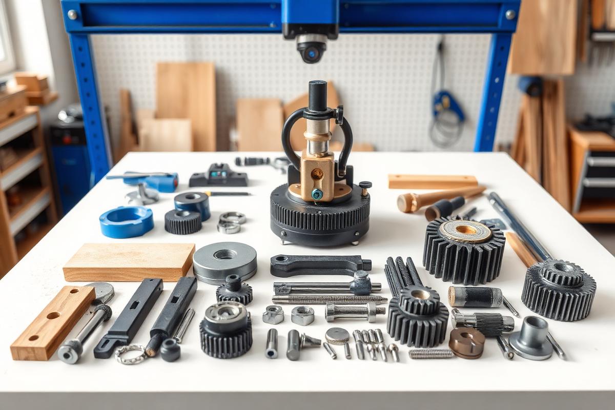 Original spare parts for SCM woodworking machines on a workbench